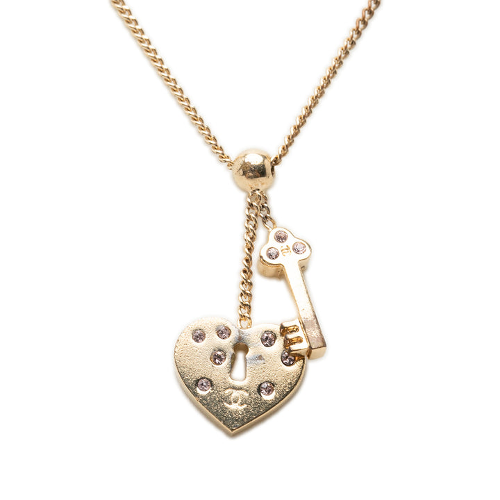 CC plaqué Strass Heart Lock And Key Pendant Collier Doré