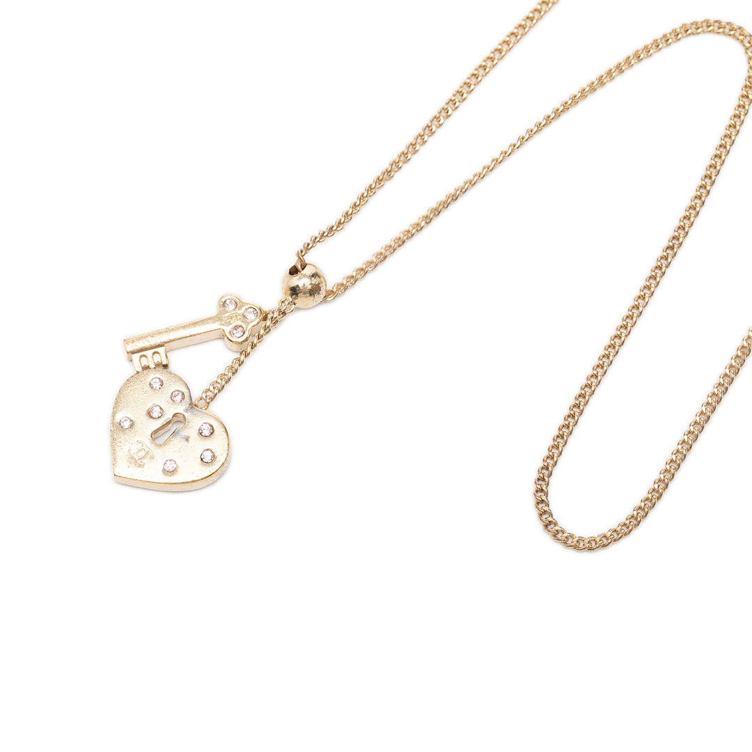 CC plaqué Strass Heart Lock And Key Pendant Collier Doré