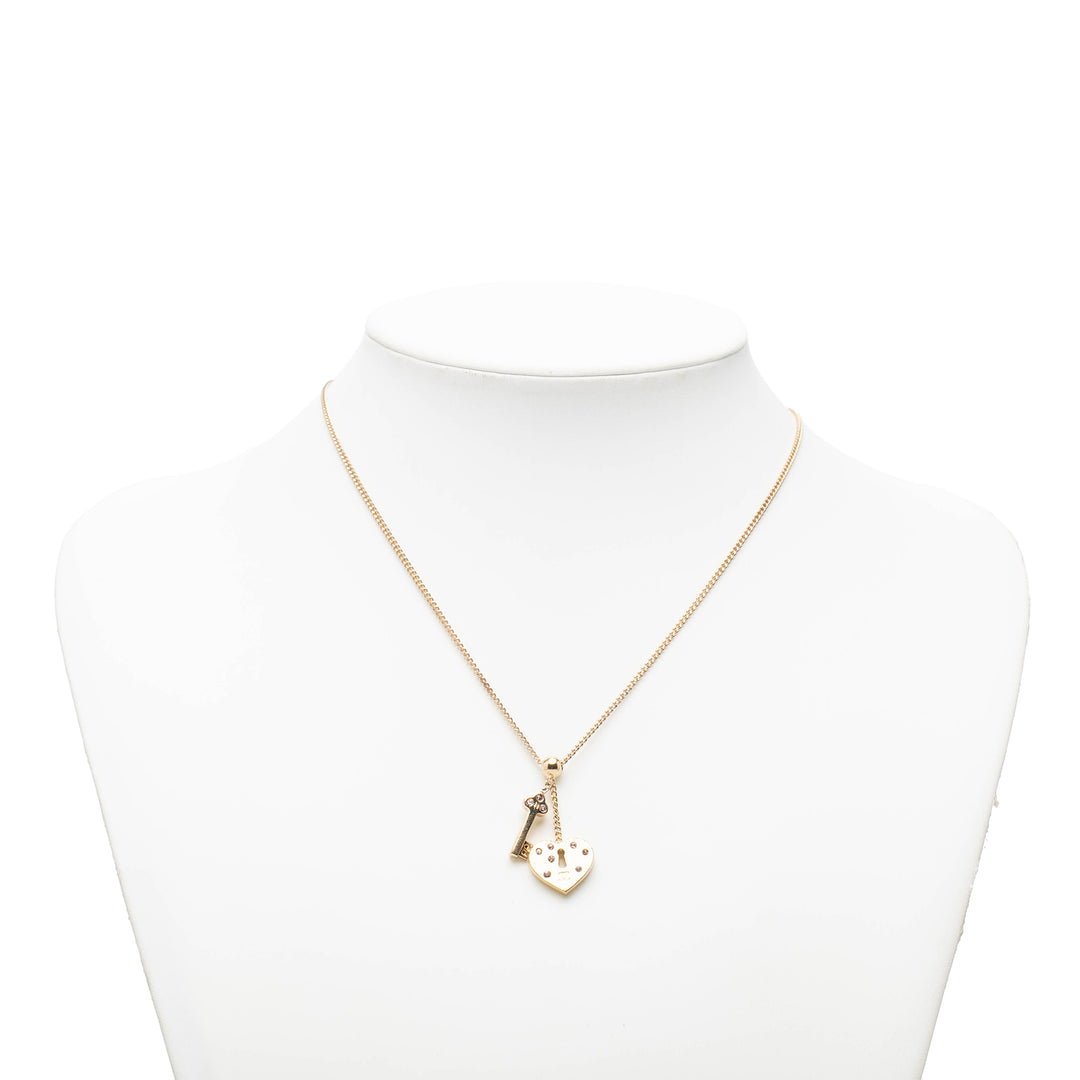 CC plaqué Strass Heart Lock And Key Pendant Collier Doré