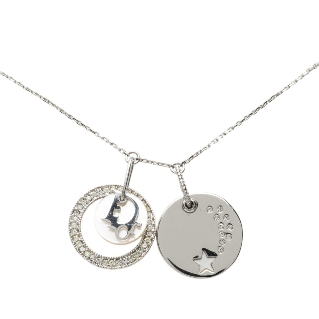 Dior Brass et Strass Double Pendant Charm Collier Argenté