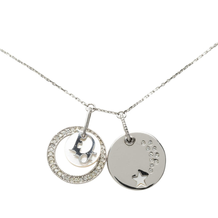 Dior Brass et Strass Double Pendant Charm Collier Argenté