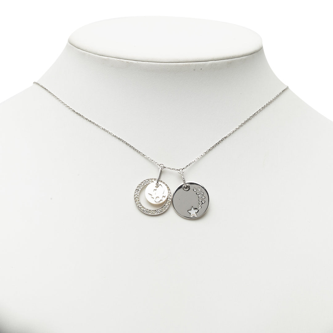 Dior Brass et Strass Double Pendant Charm Collier Argenté