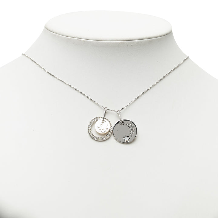 Dior Brass et Strass Double Pendant Charm Collier Argenté