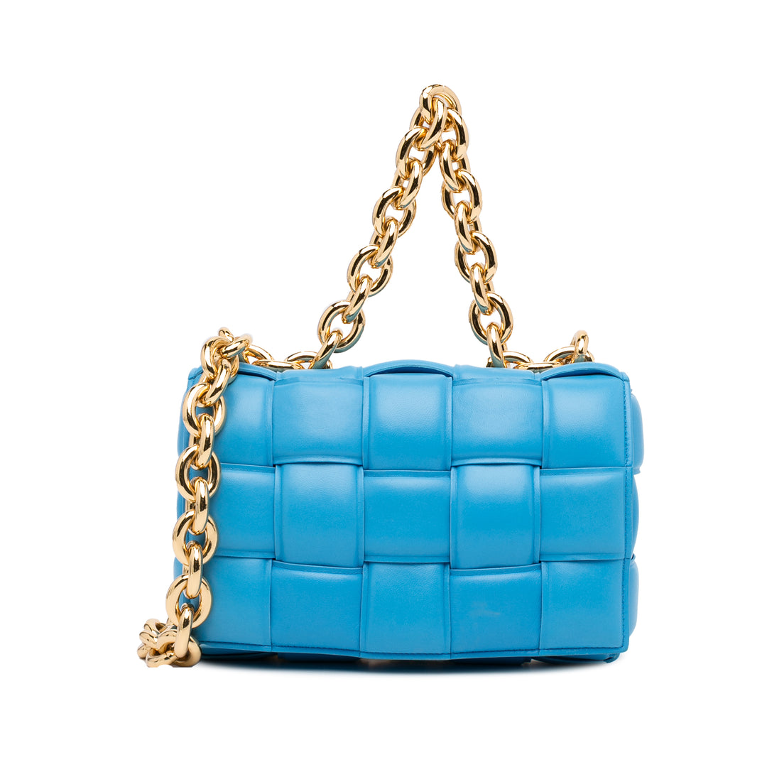 Nappa Intrecciato Padded Chain Cassette Satchel Blue - Gaby Paris