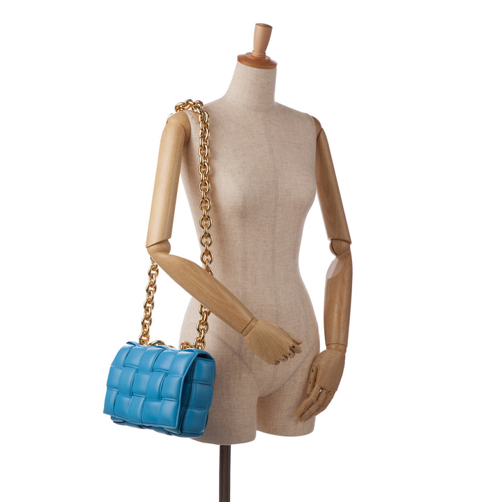 Nappa Intrecciato Padded Chain Cassette Satchel Blue - Gaby Paris