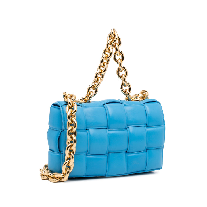 Nappa Intrecciato Padded Chain Cassette Satchel Blue - Gaby Paris