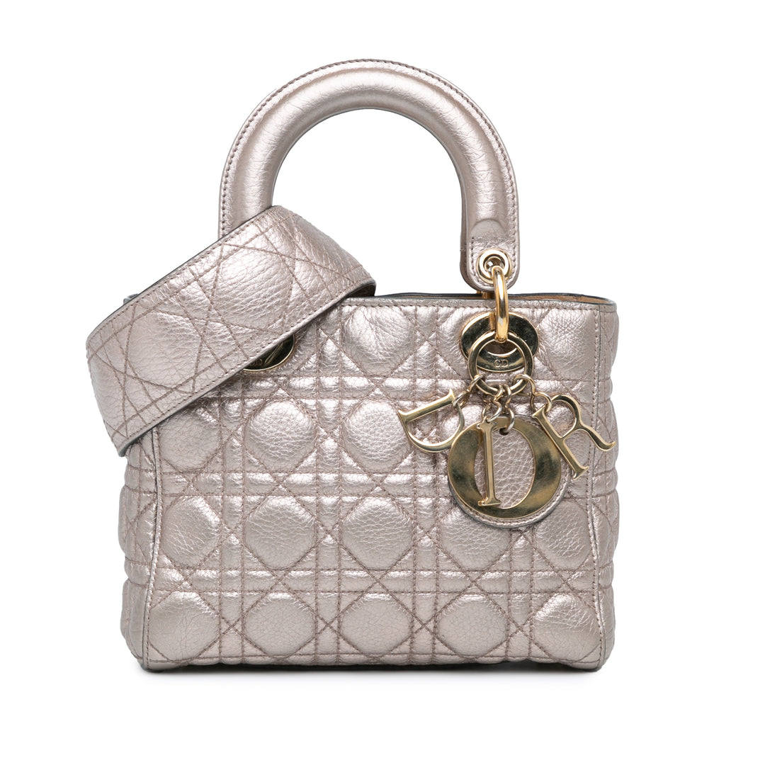 Small Metallic Grained Calfskin Cannage Supple Lady Dior Silver - Gaby Paris