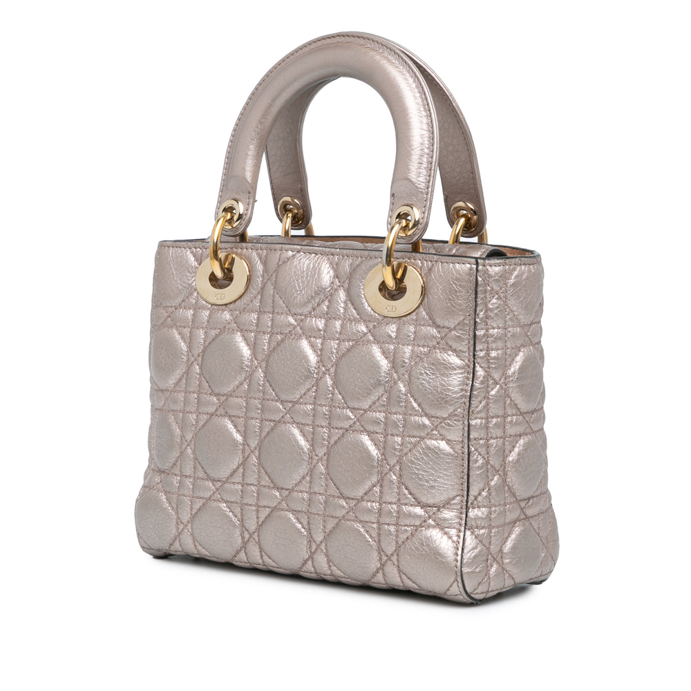 Small Metallic Grained Calfskin Cannage Supple Lady Dior Silver - Gaby Paris