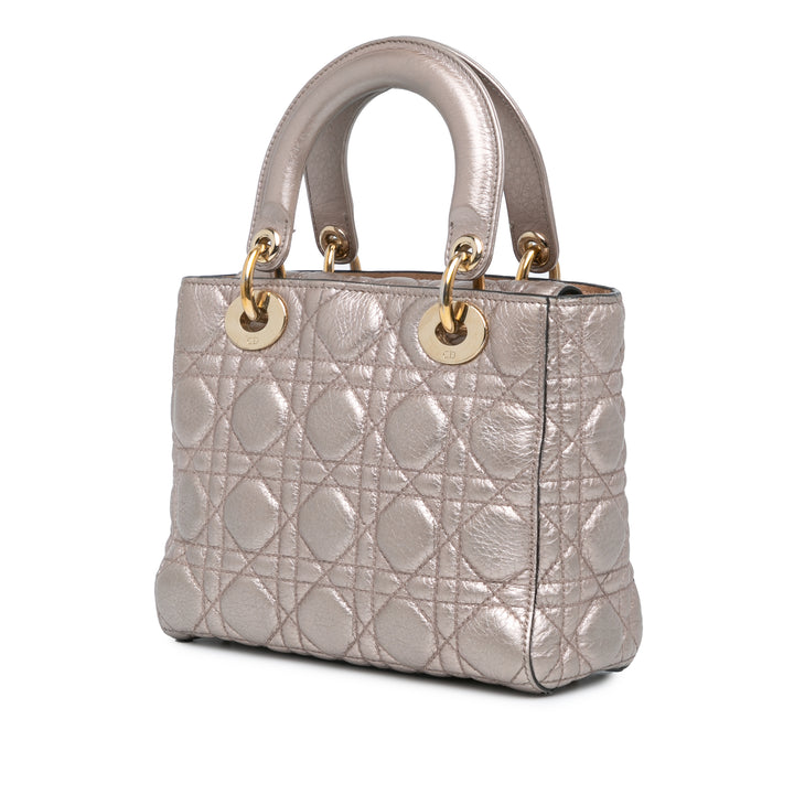 Small Metallic Grained Calfskin Cannage Supple Lady Dior Silver - Gaby Paris