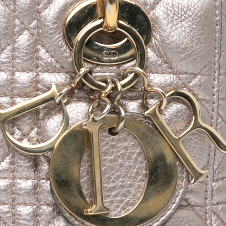 Small Metallic Grained Calfskin Cannage Supple Lady Dior Silver - Gaby Paris
