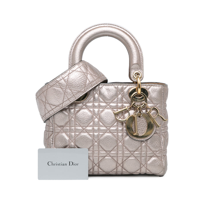 Small Metallic Grained Calfskin Cannage Supple Lady Dior Silver - Gaby Paris