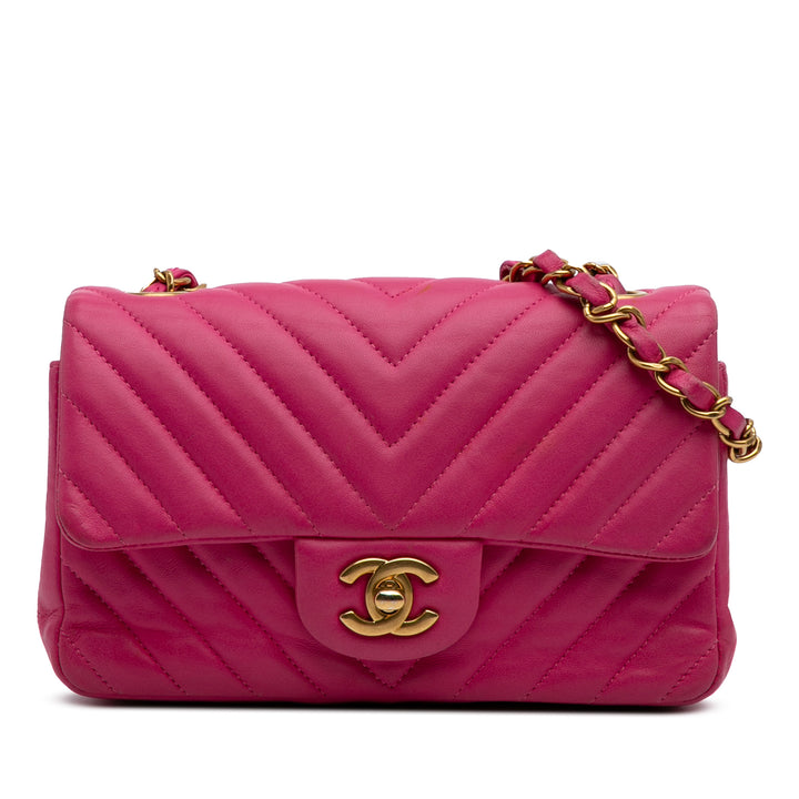 Chanel Mini Rectangular Classic Chevron Cuir d’agneau Simple rabat