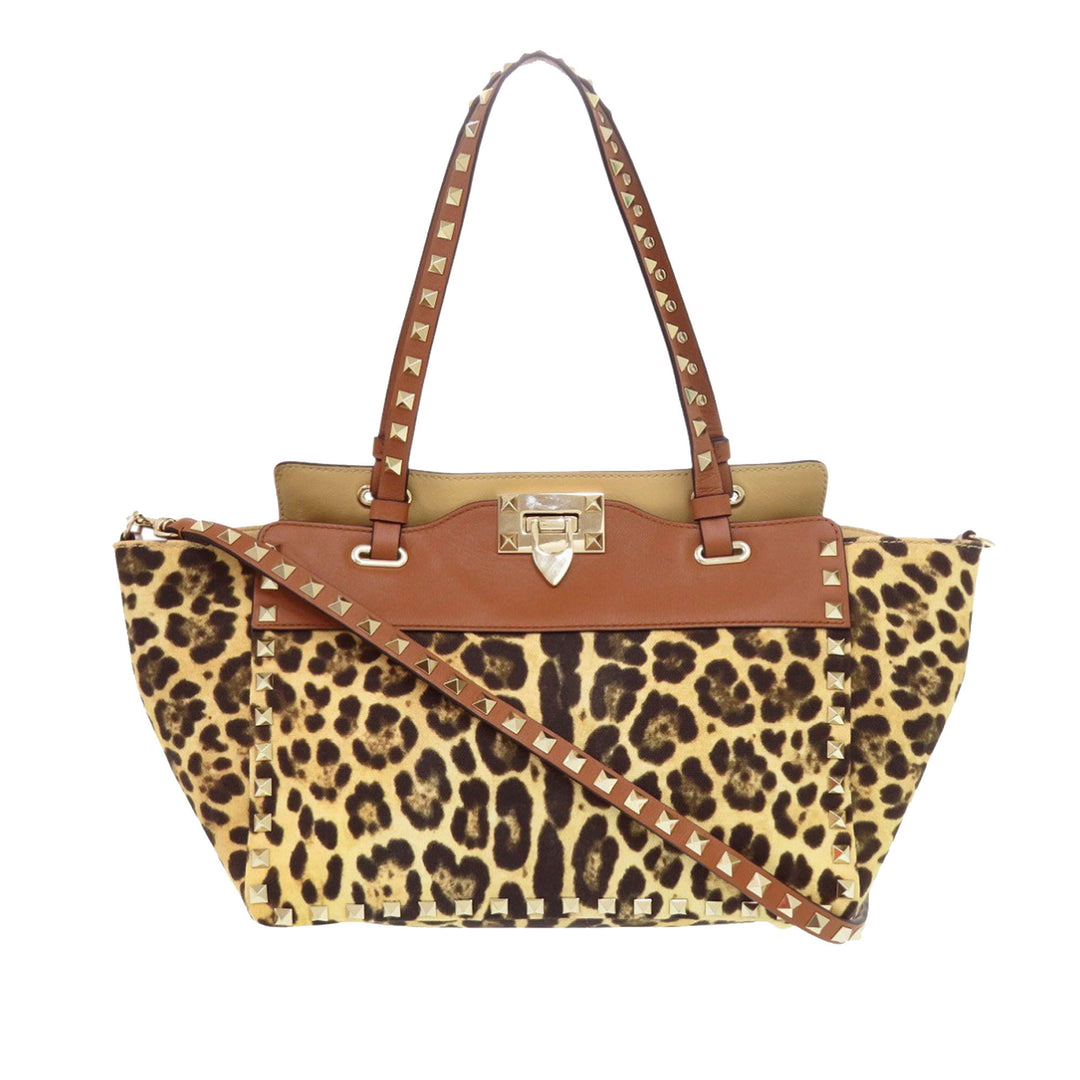 Valentino Sac à main Leopard Imprimé Rockstud Trapeze Petit Marron – vue principale – GABY PARIS