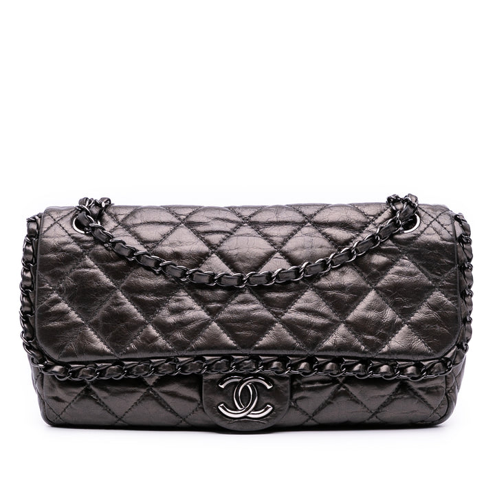 Chanel Medium Quilted Métallisé Aged Cuir de veau Chain Me Flap Gris