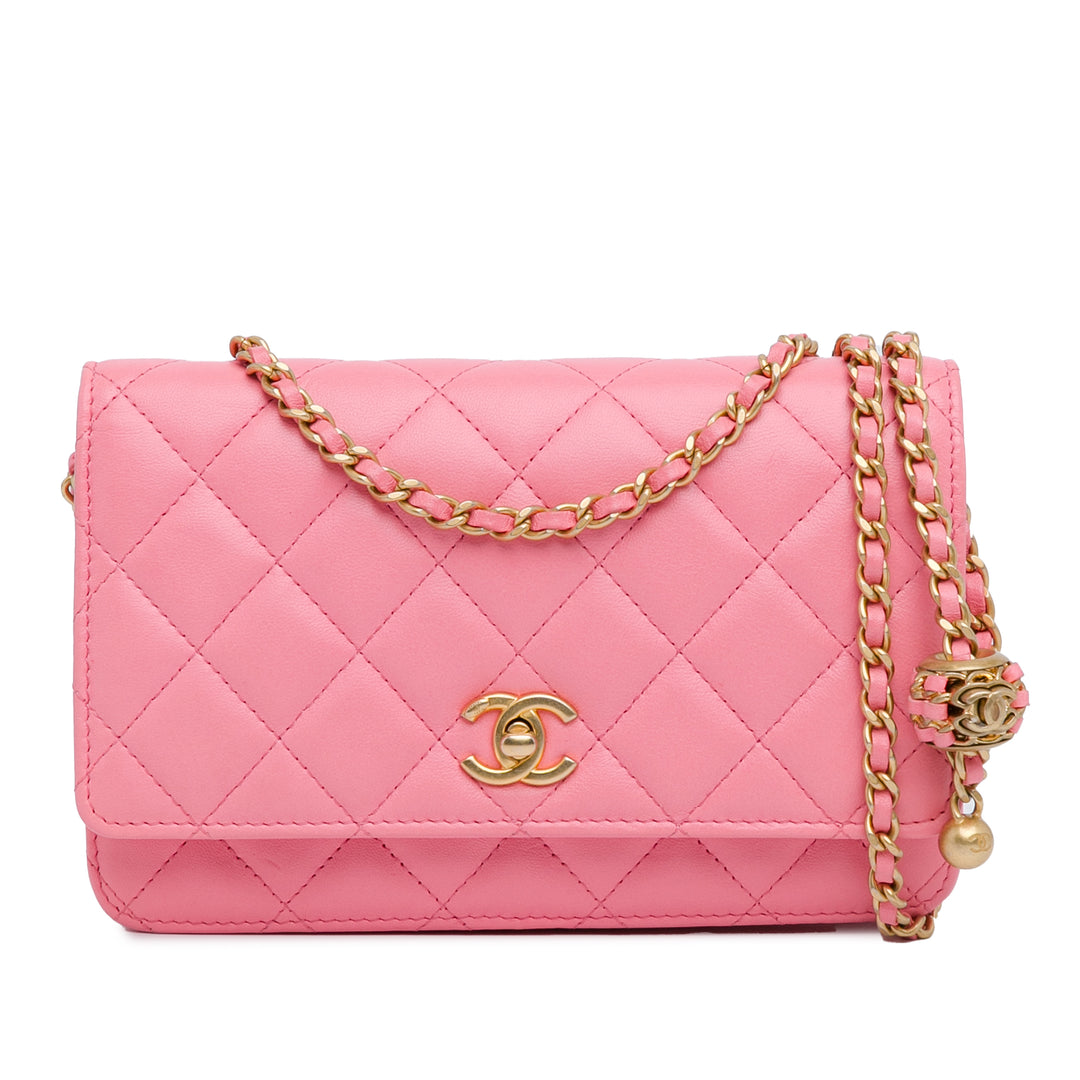 Lambskin Pearl Crush Wallet On Chain Pink - Gaby Paris