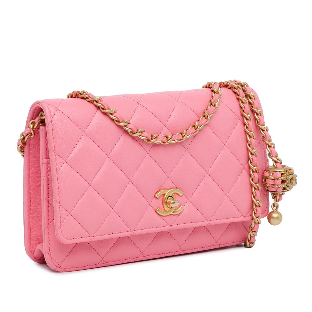 Lambskin Pearl Crush Wallet On Chain Pink - Gaby Paris