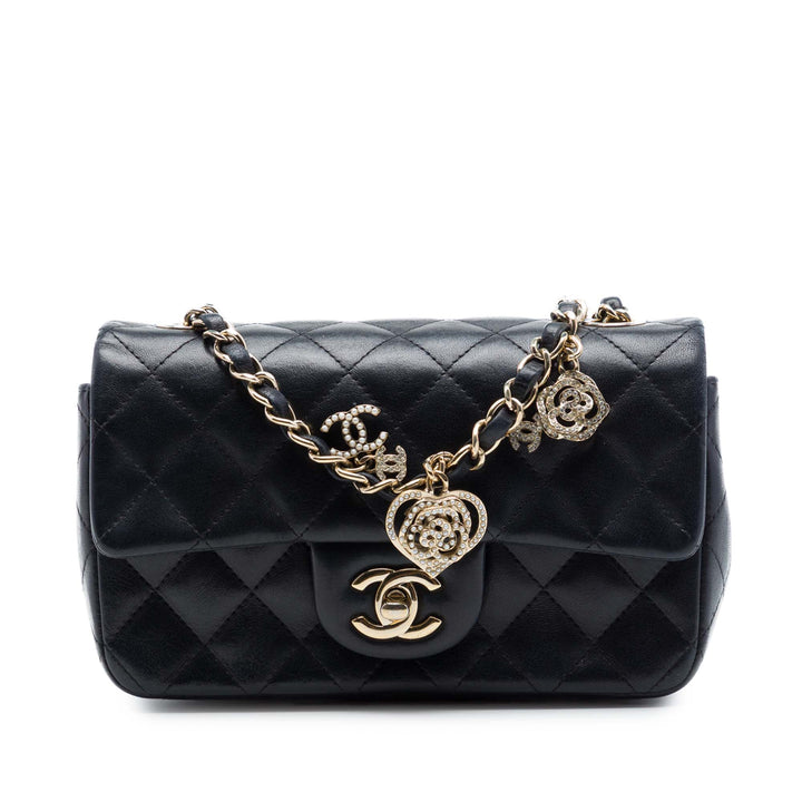 Classic Rectangulaire Valentines Heart Charms Rabat simple Mini Cuir d'agneau Noir