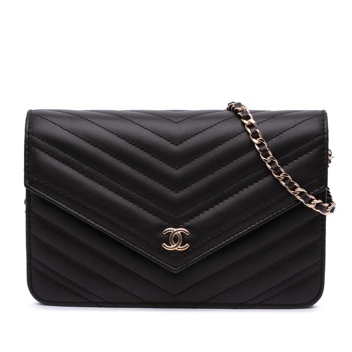 Goatskin Chevron Statement Wallet On Chain Black - Gaby Paris