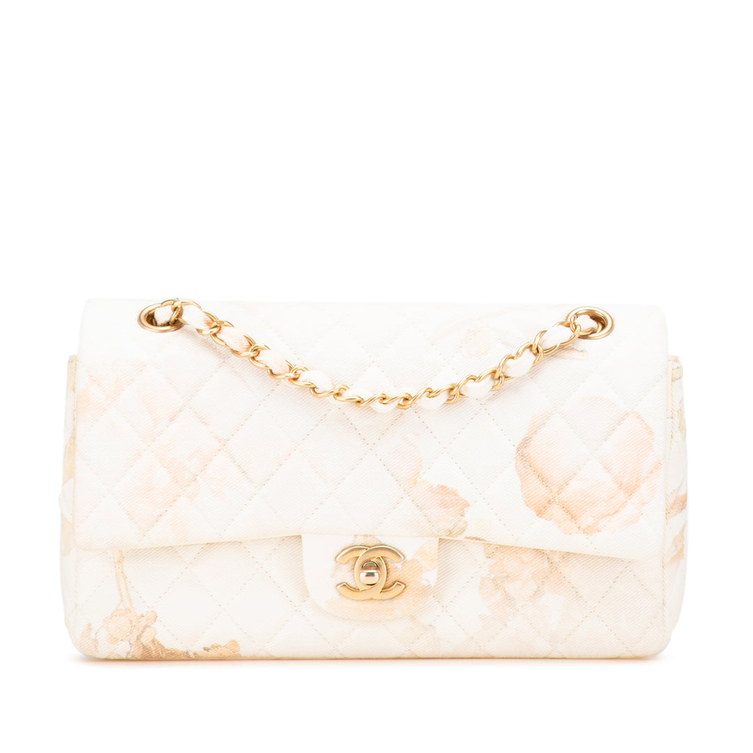 Medium Classic Printed Denim Floral Double Flap Brown - Gaby Paris