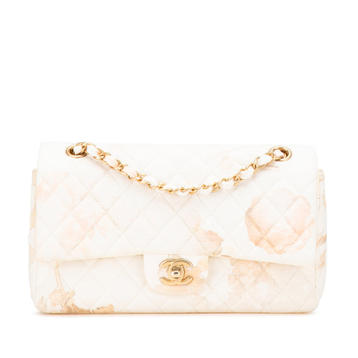 Medium Classic Printed Denim Floral Double Flap Brown - Gaby Paris