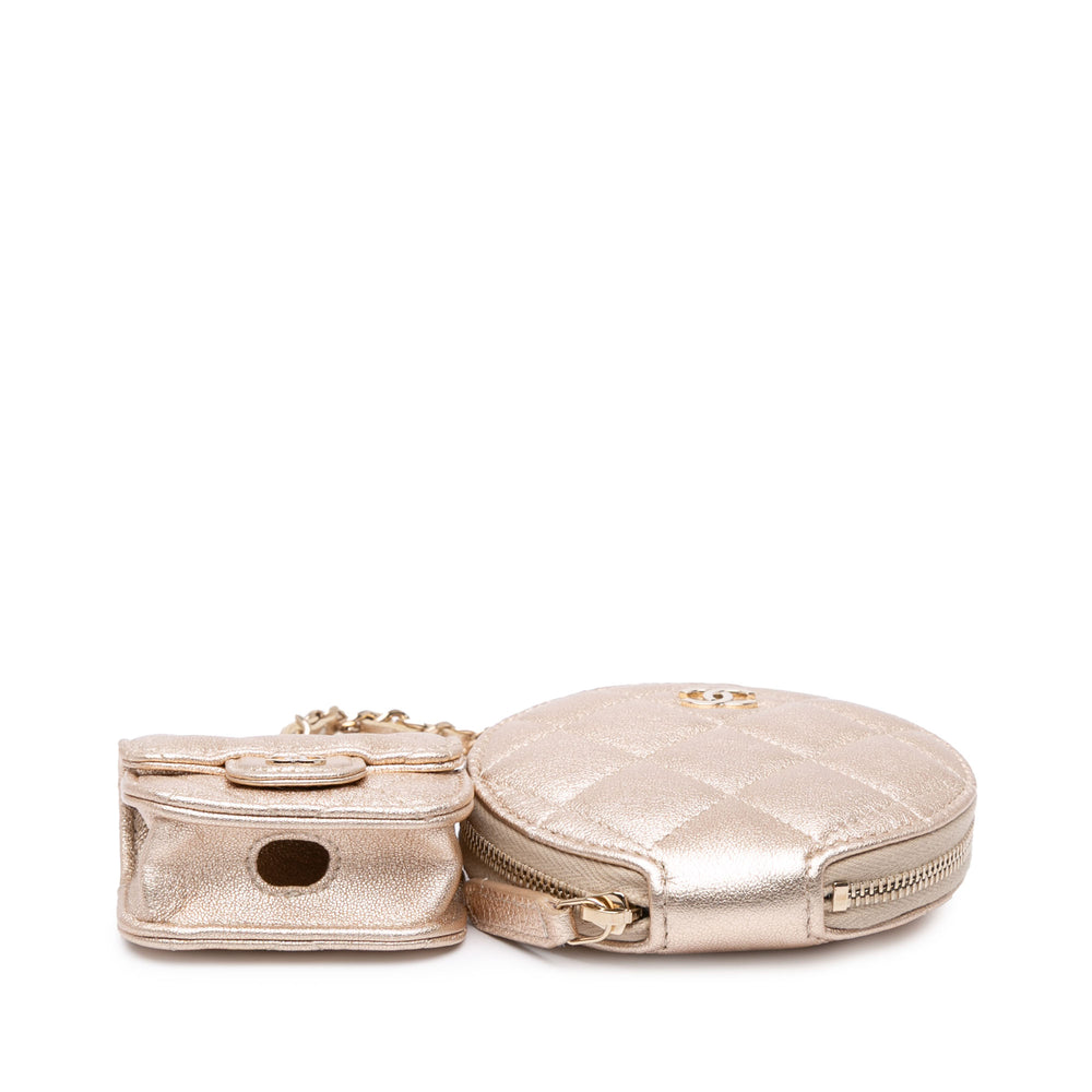 Metallic Lambskin Round Coin Purse and AirPods Case Gold - Gaby Paris