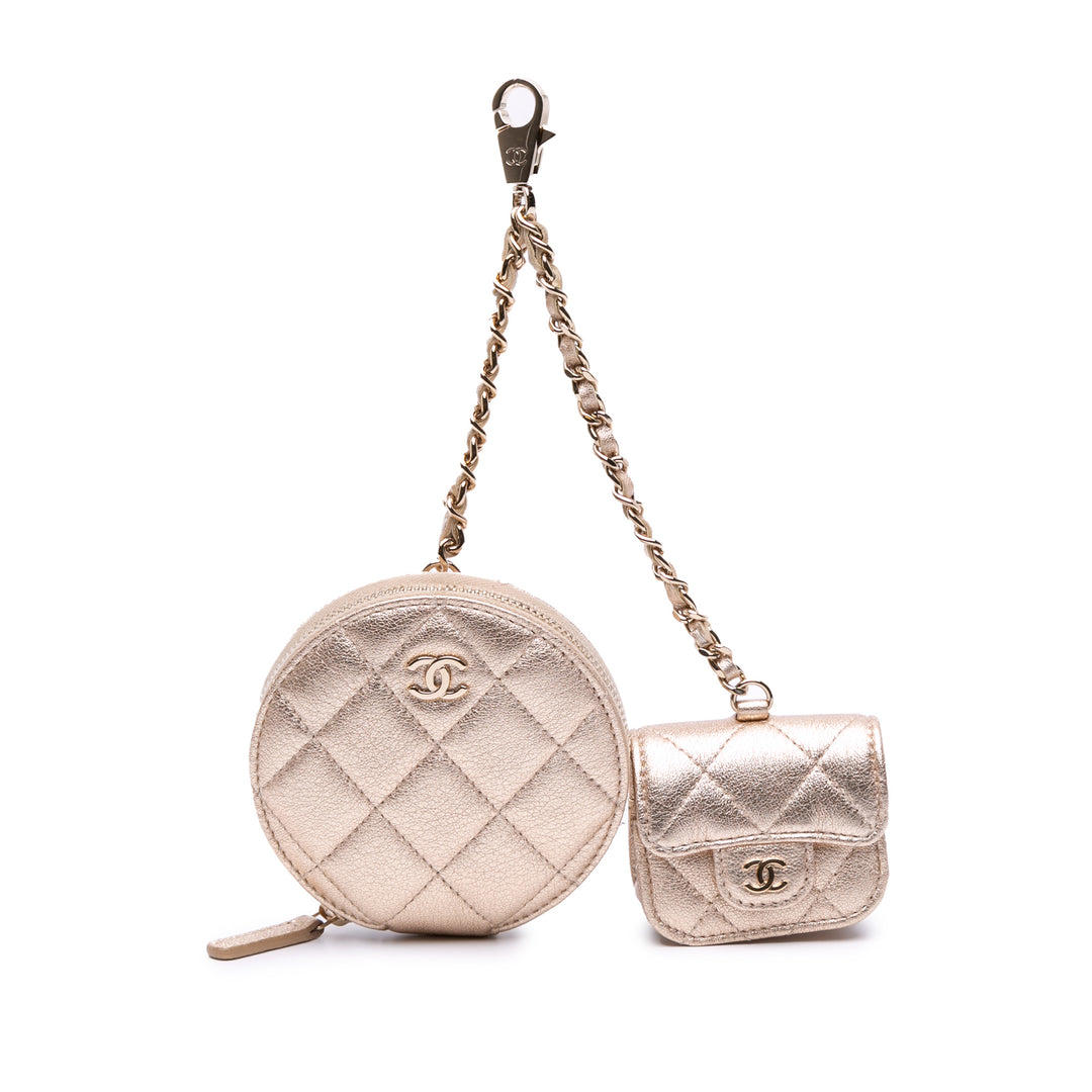 Metallic Quilted Lambskin Round Clip On Coin Purse Airpods Case Gold - Gaby Paris