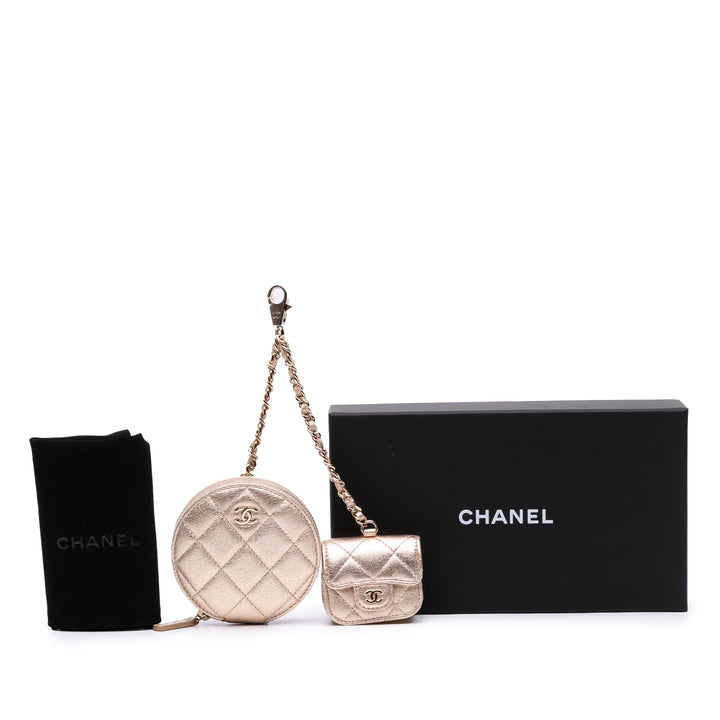 Metallic Quilted Lambskin Round Clip On Coin Purse Airpods Case Gold - Gaby Paris