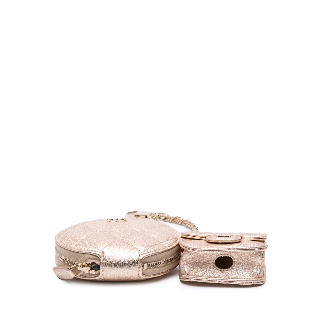 Metallic Quilted Lambskin Round Clip On Coin Purse Airpods Case Gold - Gaby Paris