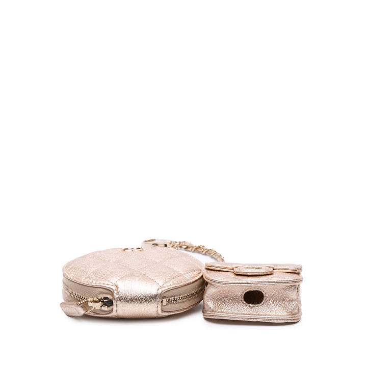 Metallic Quilted Lambskin Round Clip On Coin Purse Airpods Case Gold - Gaby Paris