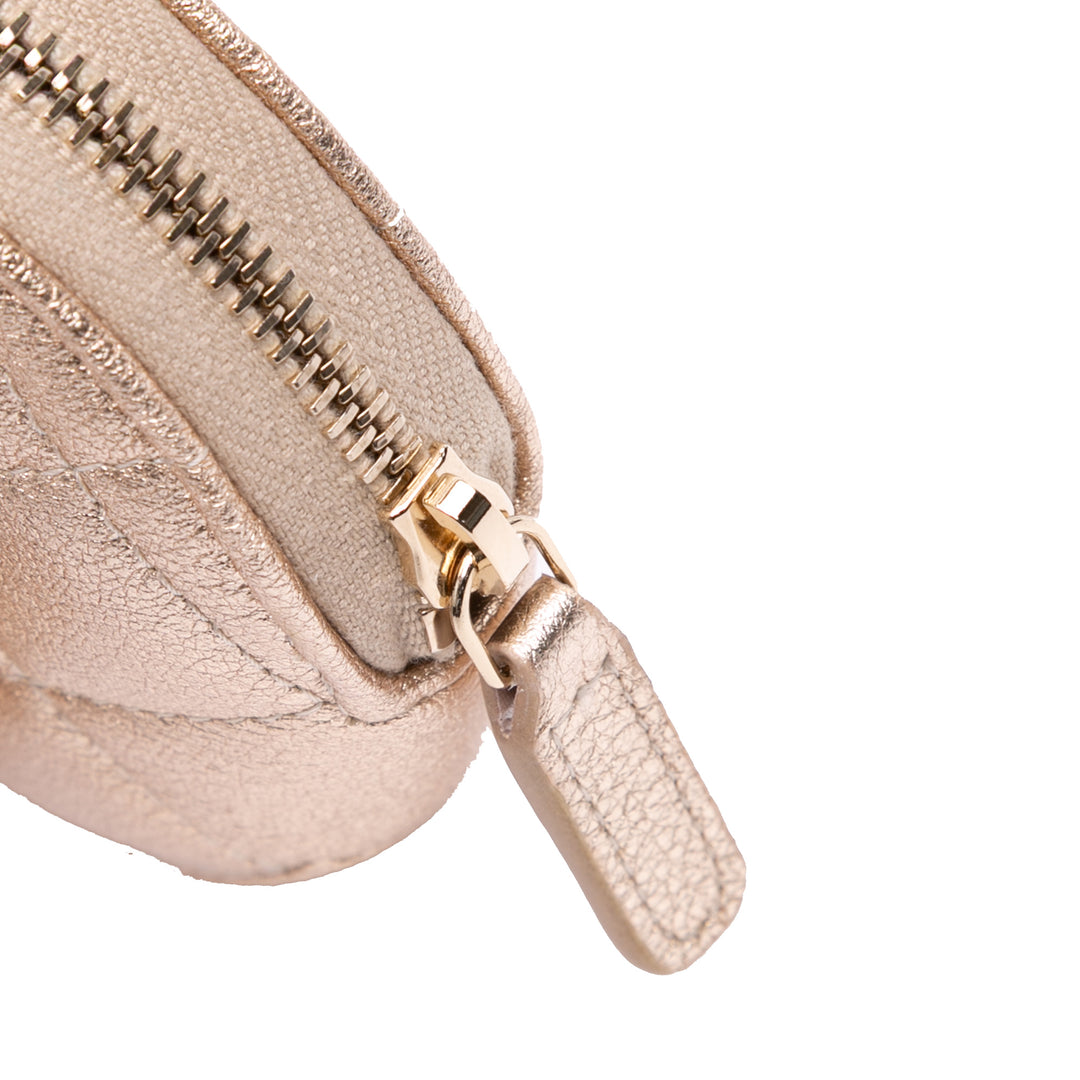 Metallic Quilted Lambskin Round Clip On Coin Purse Airpods Case Gold - Gaby Paris