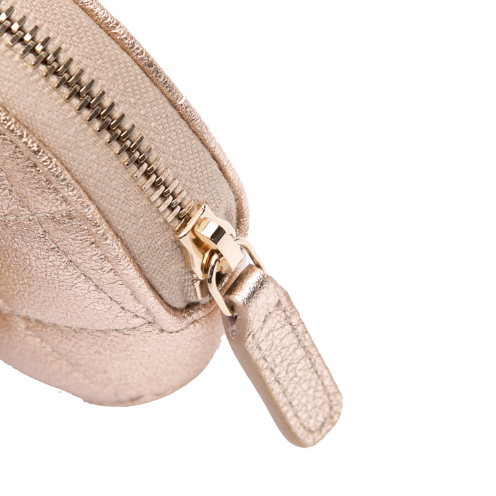 Metallic Quilted Lambskin Round Clip On Coin Purse Airpods Case Gold - Gaby Paris