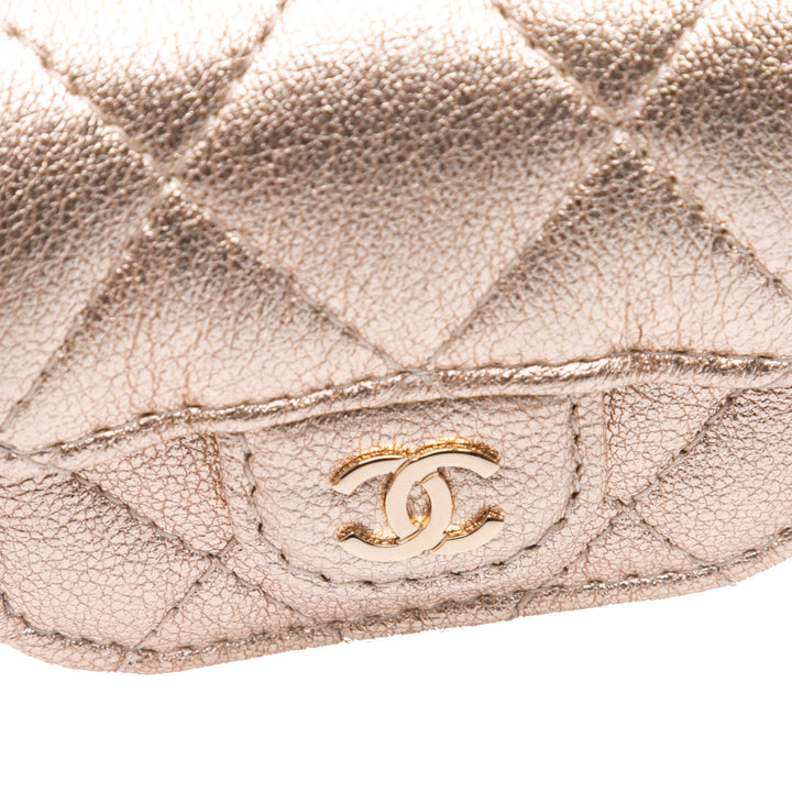 Metallic Quilted Lambskin Round Clip On Coin Purse Airpods Case Gold - Gaby Paris
