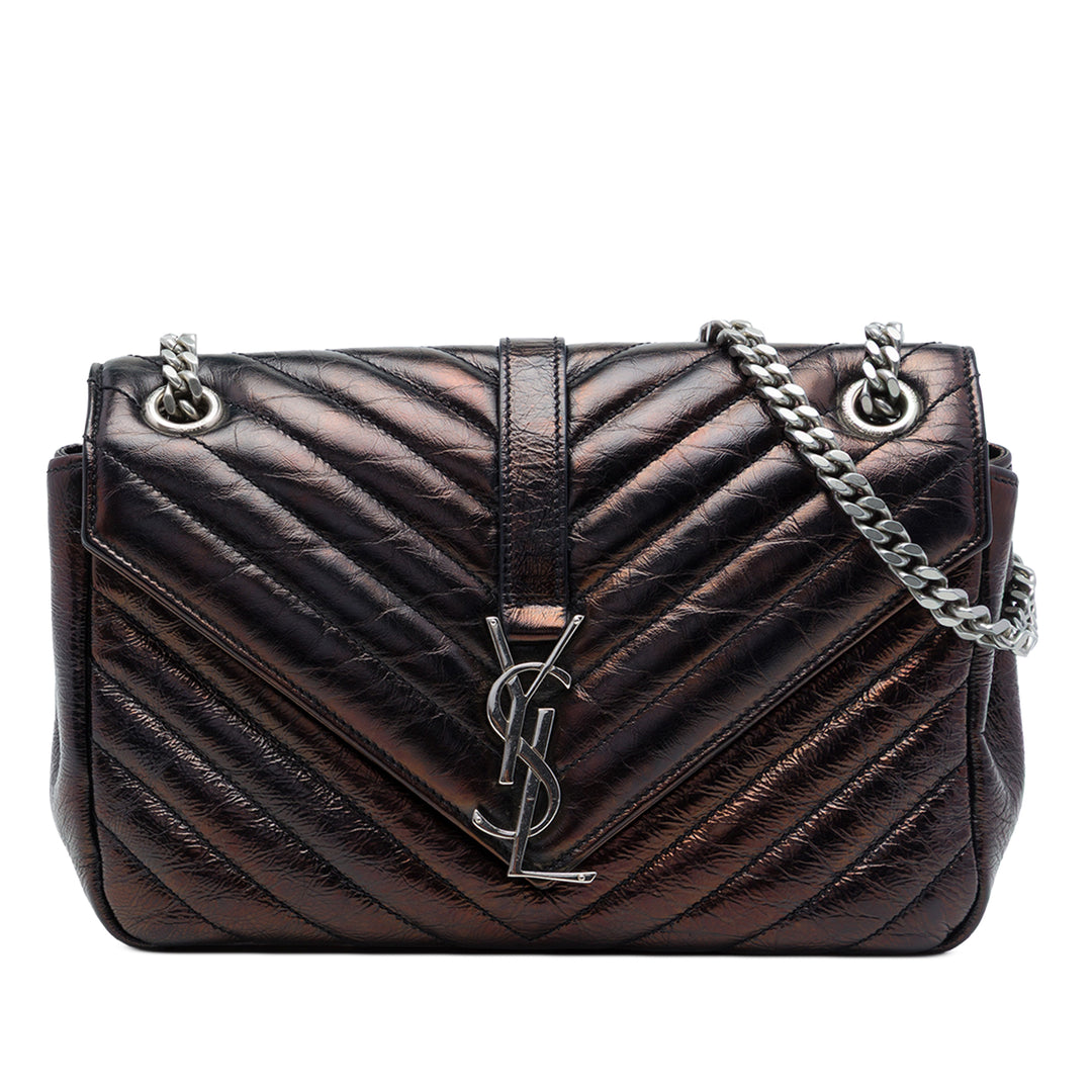 Saint Laurent Chevron Métallisé froissé Punk Sac à chaîne Moyen Cuir de veau Noir – vue principale – GABY PARIS