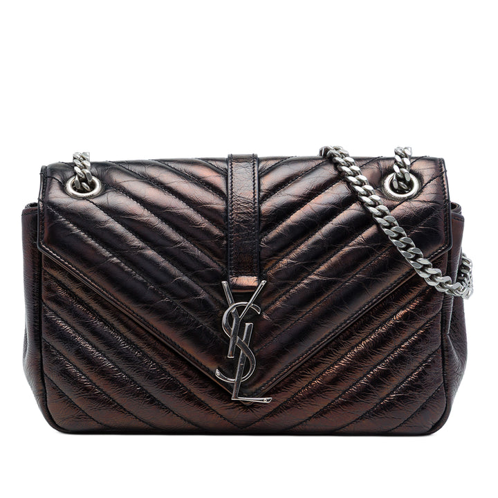 Saint Laurent Chevron Métallisé froissé Punk Sac à chaîne Moyen Cuir de veau Noir – vue principale – GABY PARIS
