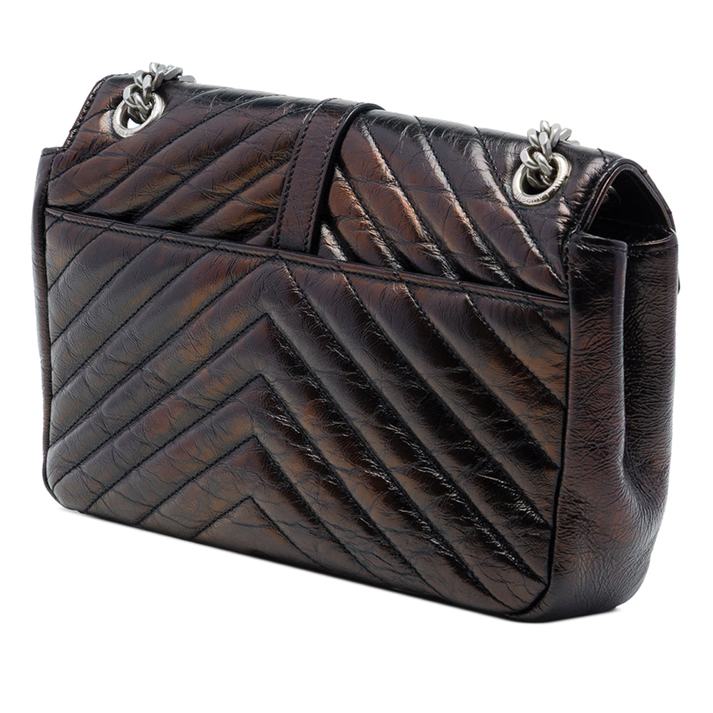 Saint Laurent Chevron Métallisé froissé Punk Sac à chaîne Moyen Cuir de veau Noir – vue 2 – GABY PARIS