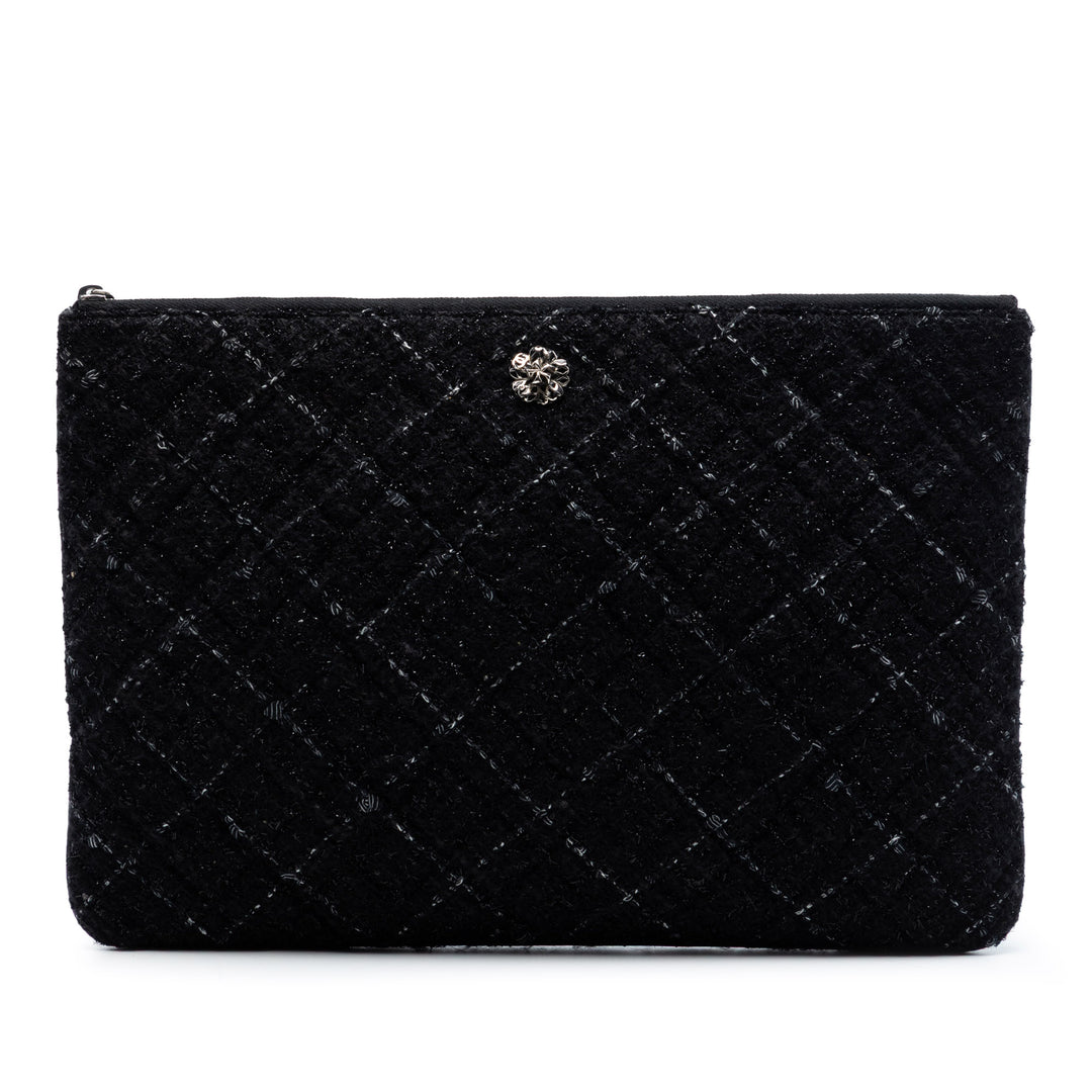 Chanel Large Matelassé Tweed et Cuir d’agneau Camellia O Étui Pochette