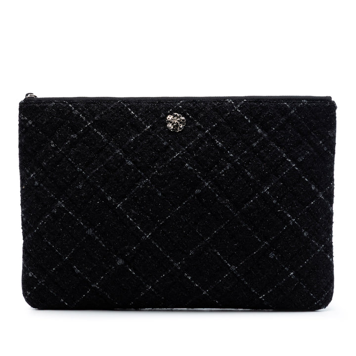 Chanel Large Matelassé Tweed et Cuir d’agneau Camellia O Étui Pochette