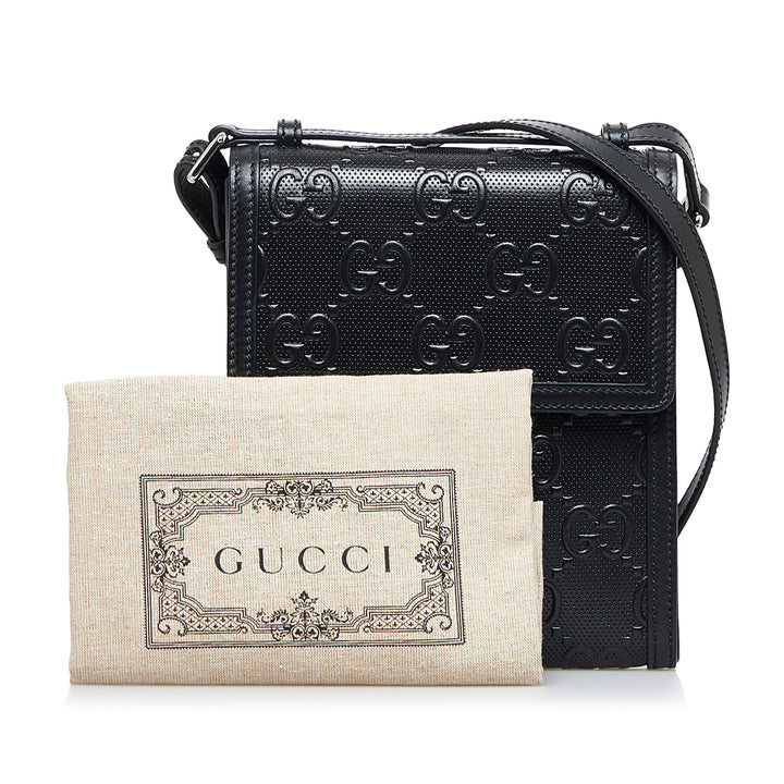 GG Embossed Perforated Messenger Bag Black - Gaby Paris