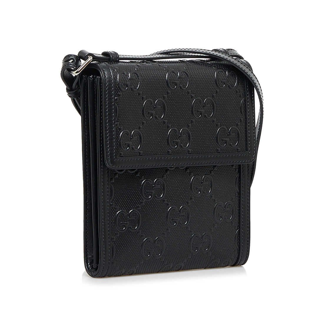 GG Embossed Perforated Messenger Bag Black - Gaby Paris