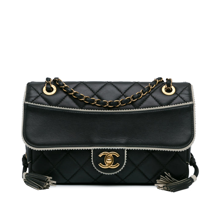 CC Quilted Lambskin Tassel and Border Embellished Flap Black - Gaby Paris