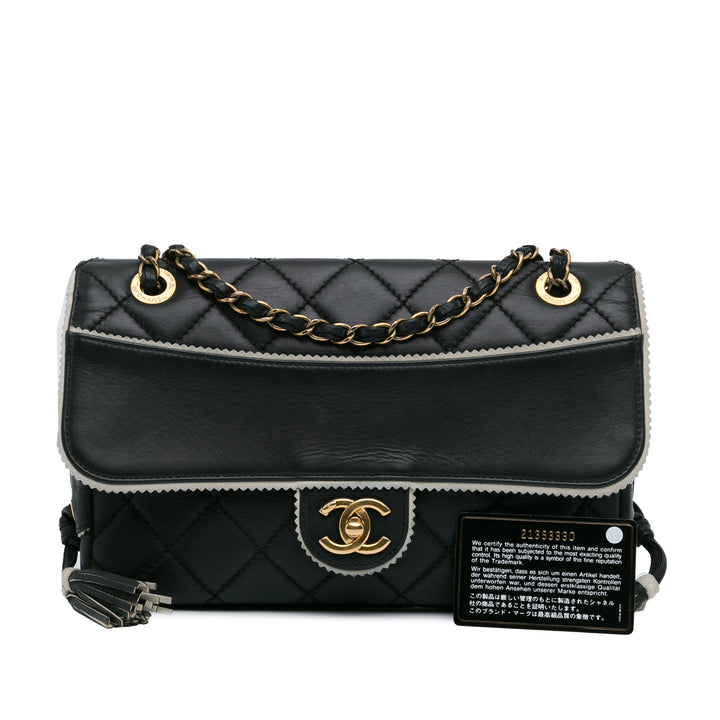 CC Quilted Lambskin Tassel and Border Embellished Flap Black - Gaby Paris