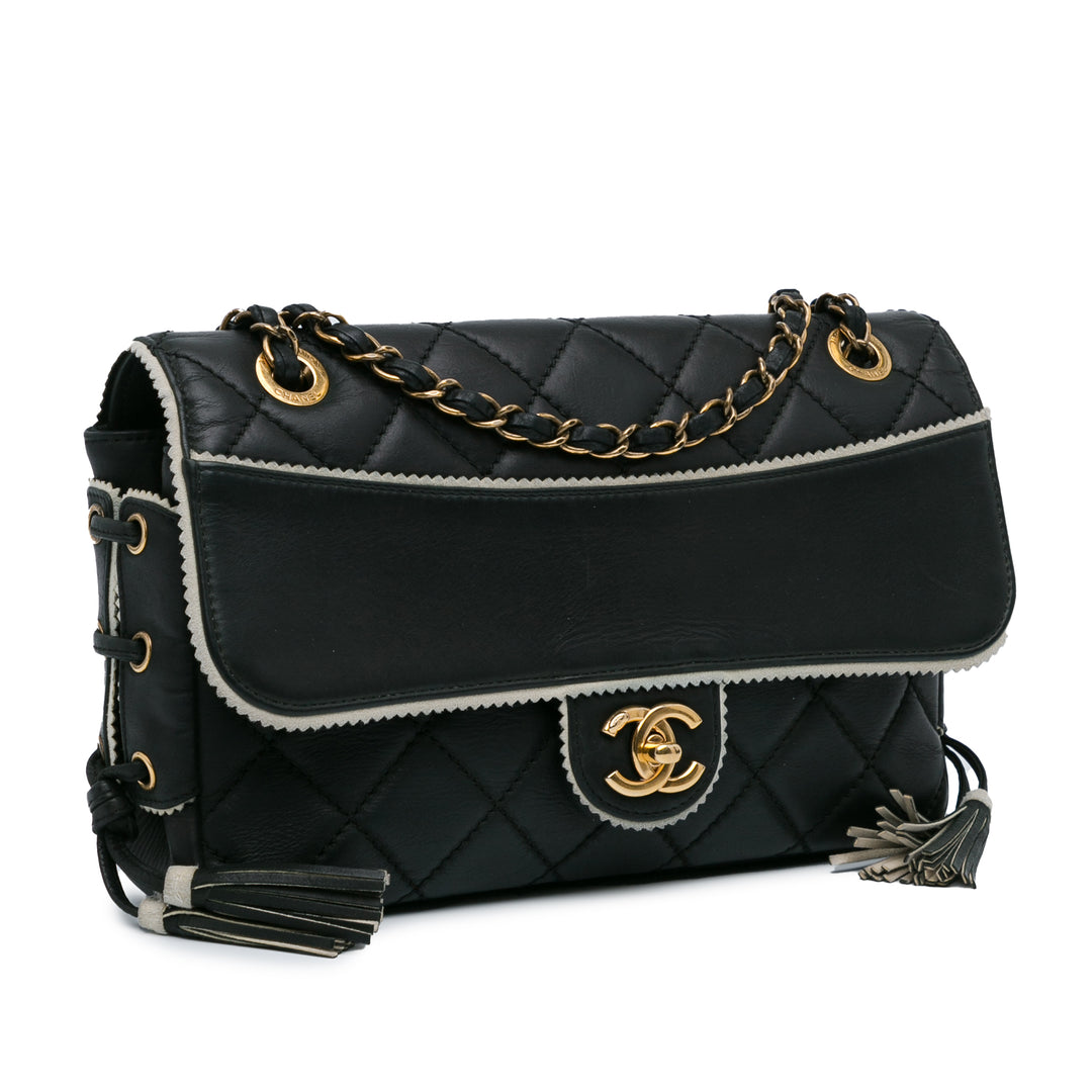 CC Quilted Lambskin Tassel and Border Embellished Flap Black - Gaby Paris