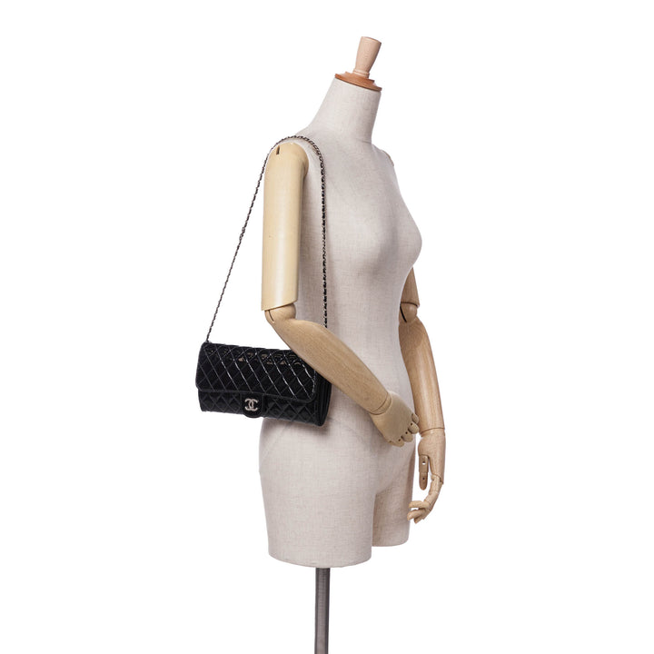 Quilted Patent Brilliant East West Wallet On Chain Black - Gaby Paris