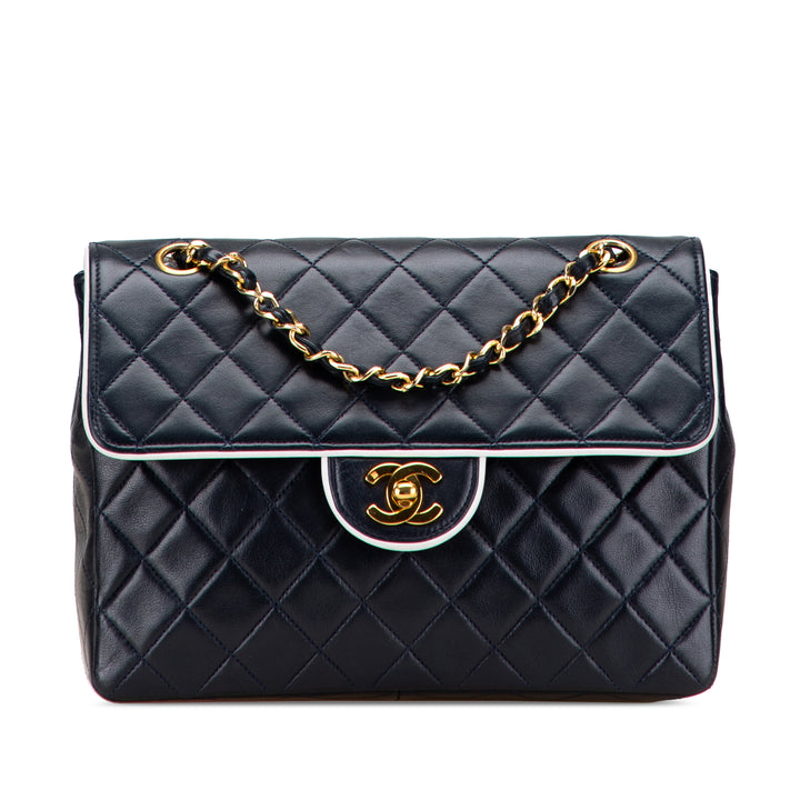 Chanel CC Bicolor Quilted Cuir d’agneau Piping Simple rabat Bleu