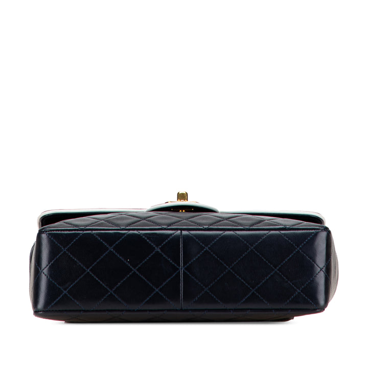 Chanel CC Bicolor Quilted Cuir d’agneau Piping Simple rabat Bleu