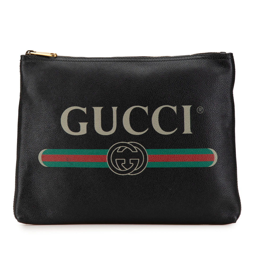 Medium Leather Logo Portfolio Clutch Black - Gaby Paris