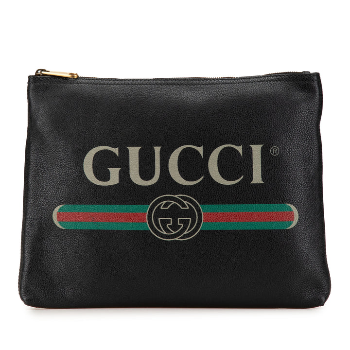 Medium Leather Logo Portfolio Clutch Black - Gaby Paris
