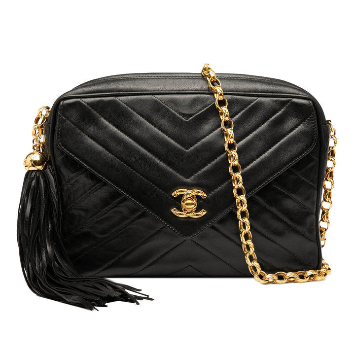 Chanel CC Chevron Cuir d’agneau Tassel Chain Sac caméra Noir – GABY PARIS Authentique