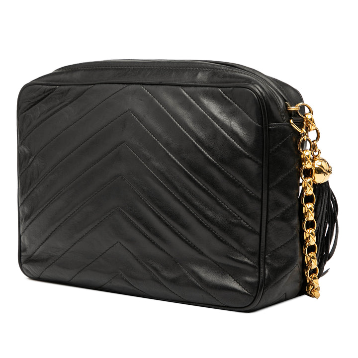 Chanel CC Chevron Cuir d’agneau Tassel Chain Sac caméra Noir – GABY PARIS Authentique