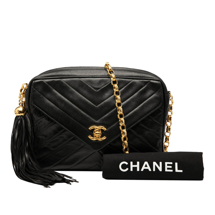 Chanel CC Chevron Cuir d’agneau Tassel Chain Sac caméra Noir – GABY PARIS Authentique